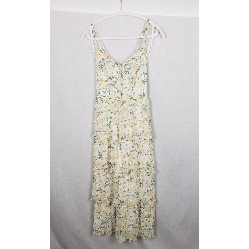 Crystal Doll Yellow Garden Floral Tiered Maxi Dress Lace Up Back Ruffle Trim M - Picture 3 of 12